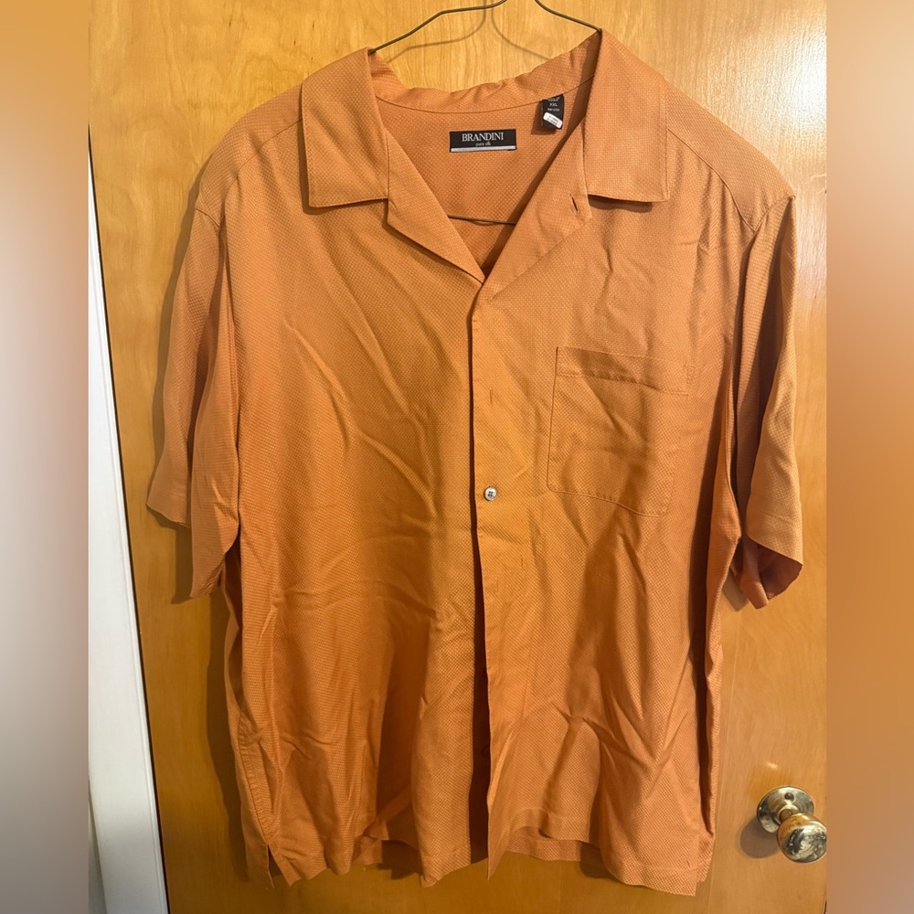 Brandini Orange Pure Silk Men's Short Sleeve Button Down Shirt